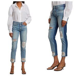 7 For All Mankind Distressed Two Tone Straight Jeans Seaward Blue Womens 25
